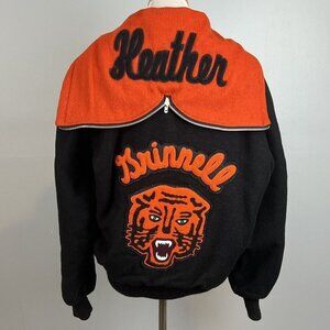Vtg Varsity Letter Jacket Tiger Patch G Grinnell Black Orange 90s Womens